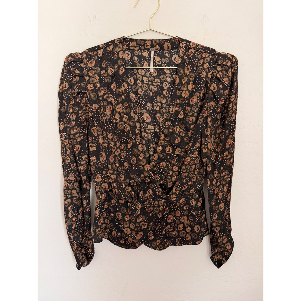 Free People Floral Surplice Peplum Victorian Blouse V-Neck Puff Sleeve Sz Small